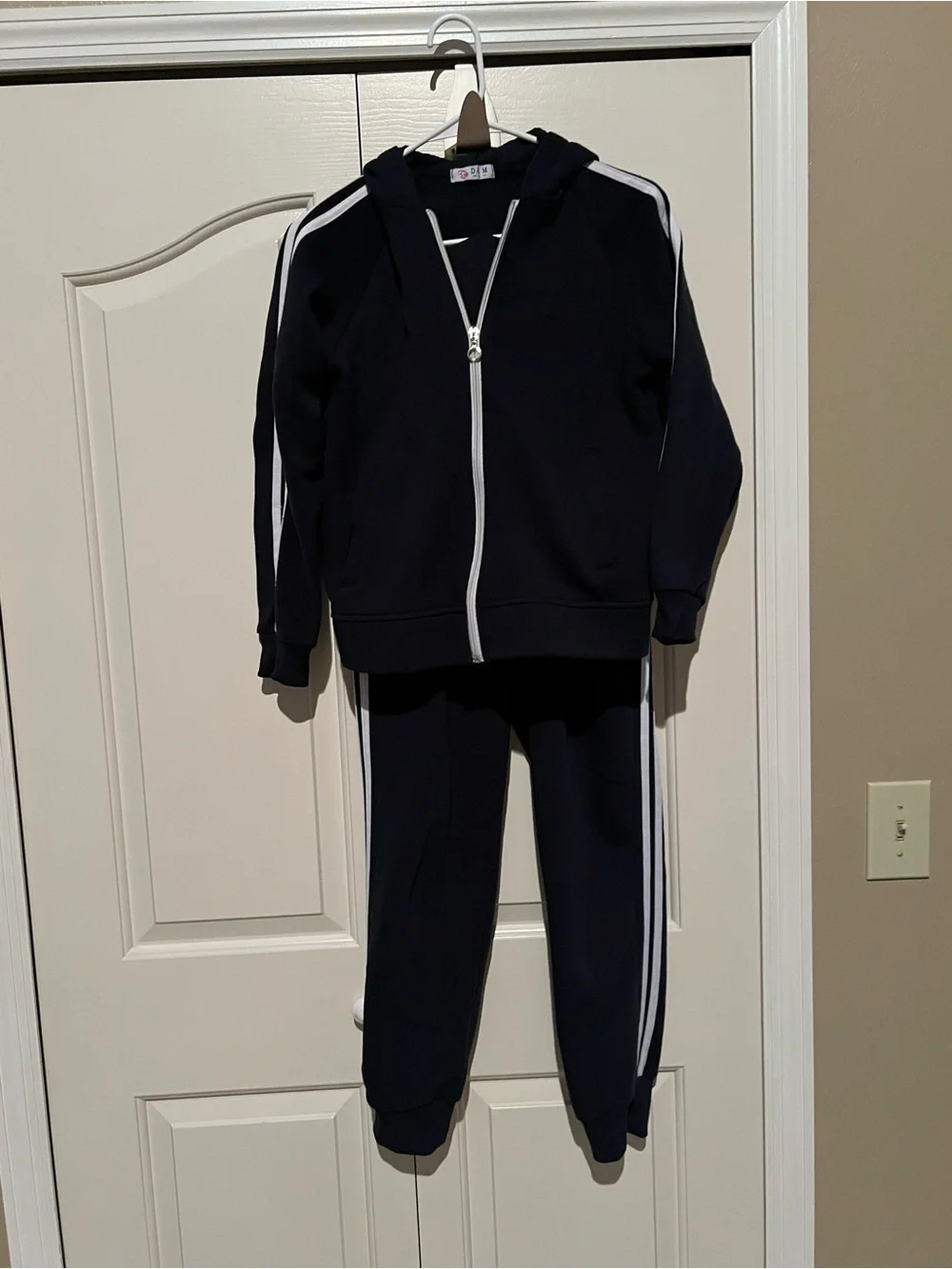 Woman Navy Blue Zip Hoodie & Jogger Set with White Stripes